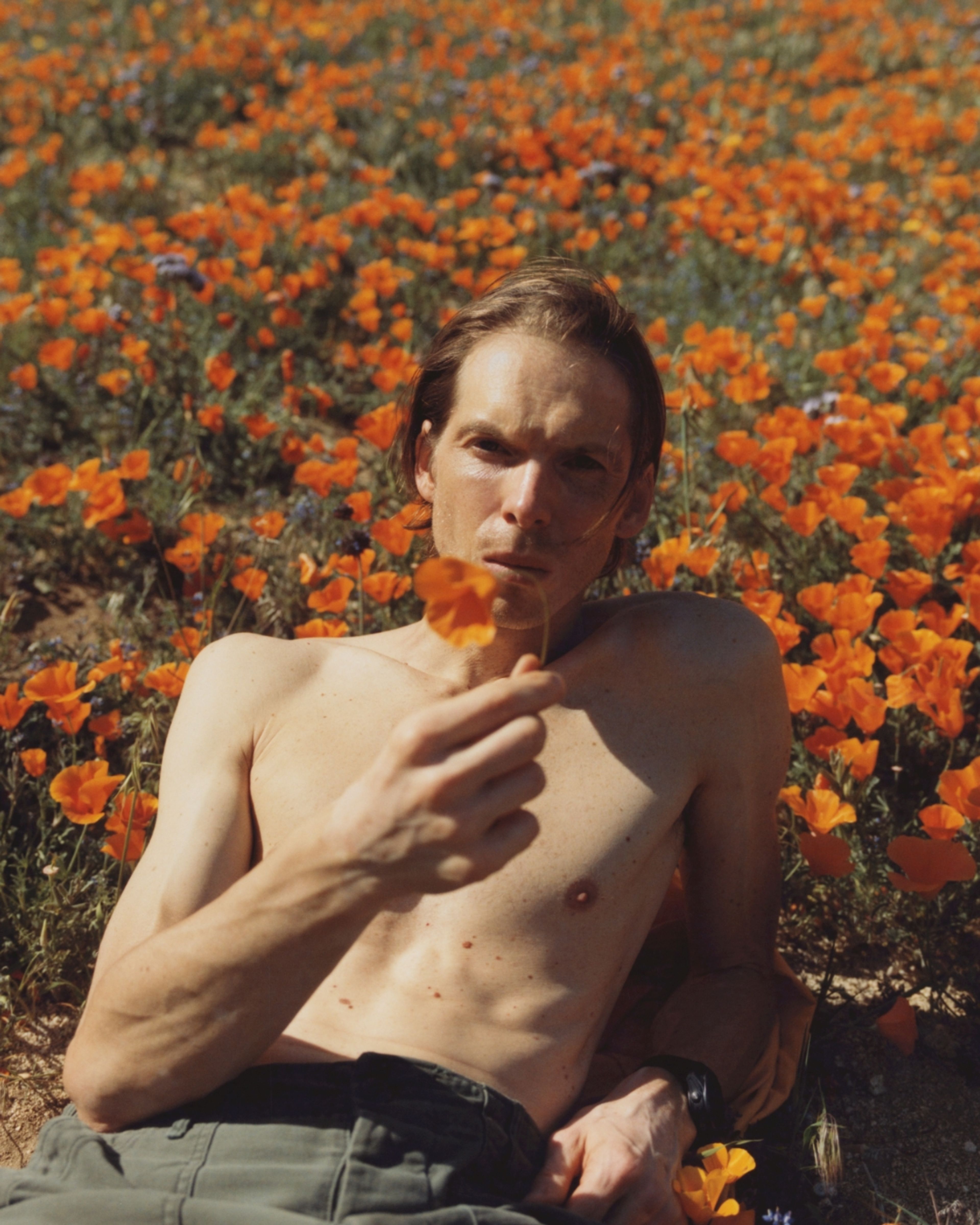 A man laying on a field of flowers