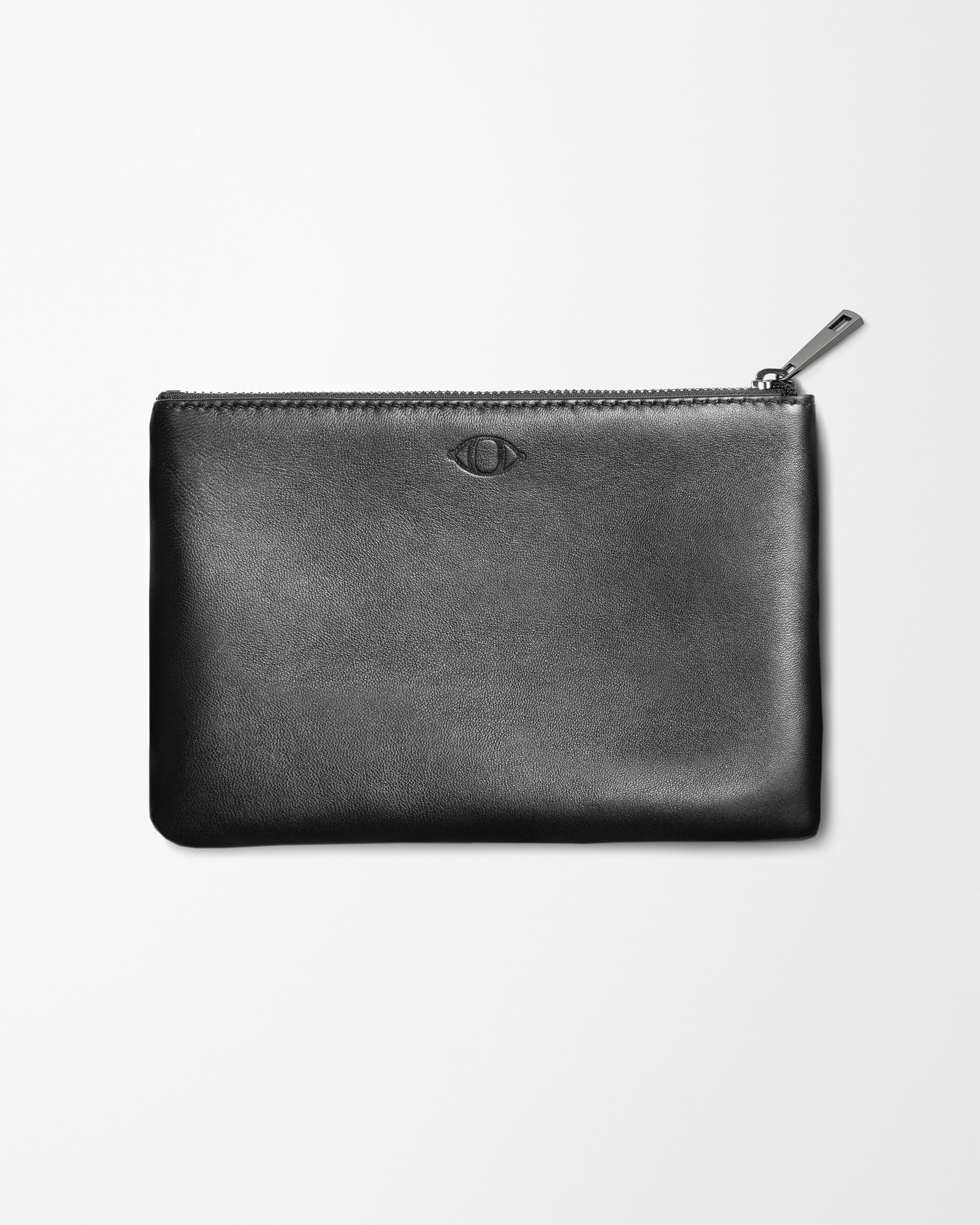 Handcrafted Italian calfskin pouch with debossed eye symbol